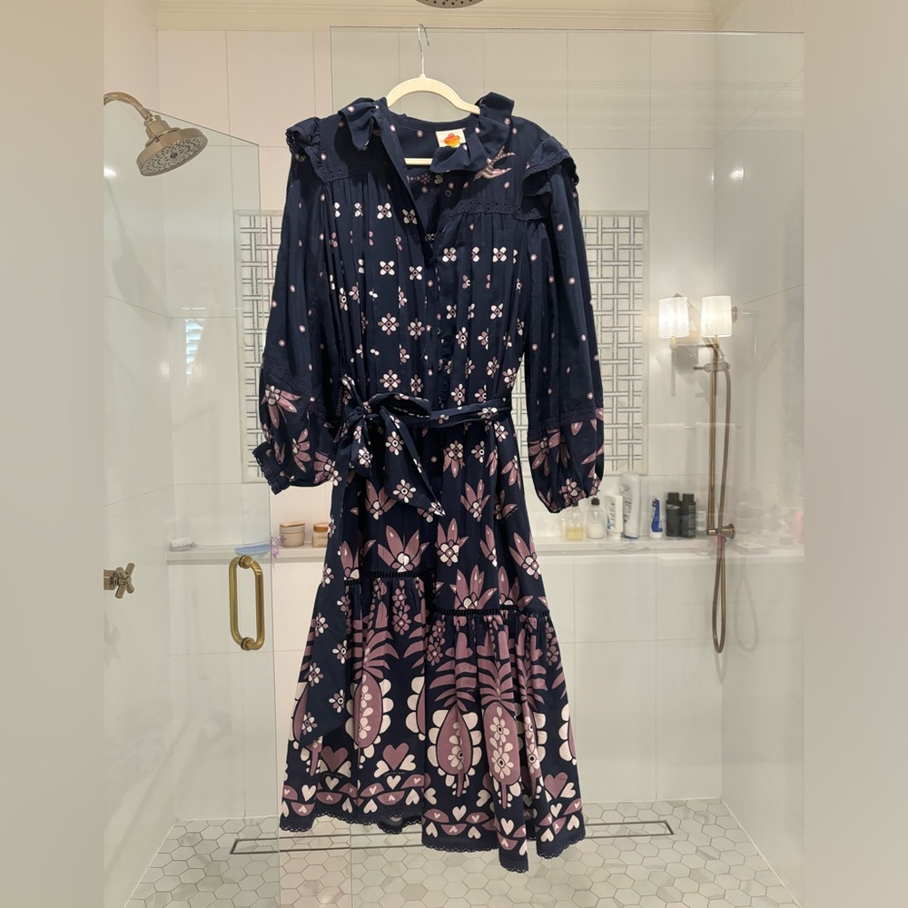 Farm Rio Navy Floral Midi Dress with Ruffle Collar